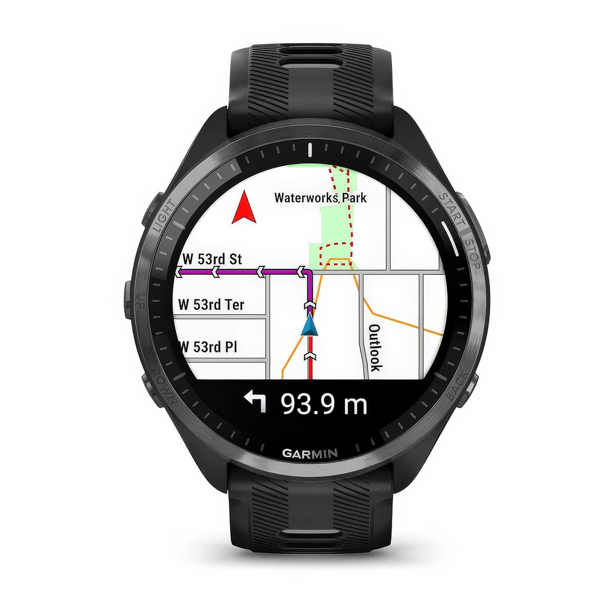 Front product shot of the Garmin Forerunner 965 showing Turn-by-Turn Navigation feature in Black-Powder Grey
