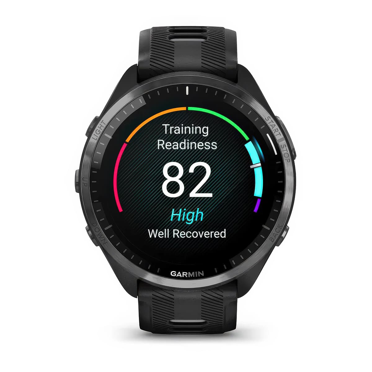Front product shot of the Garmin Forerunner 965 showing Training Readiness feature in Black-Powder Grey