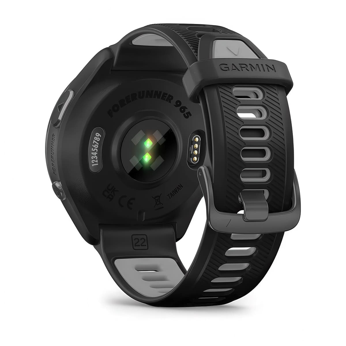 Rear product shot of the Garmin Forerunner 965 showing back sensor in Black-Powder Grey