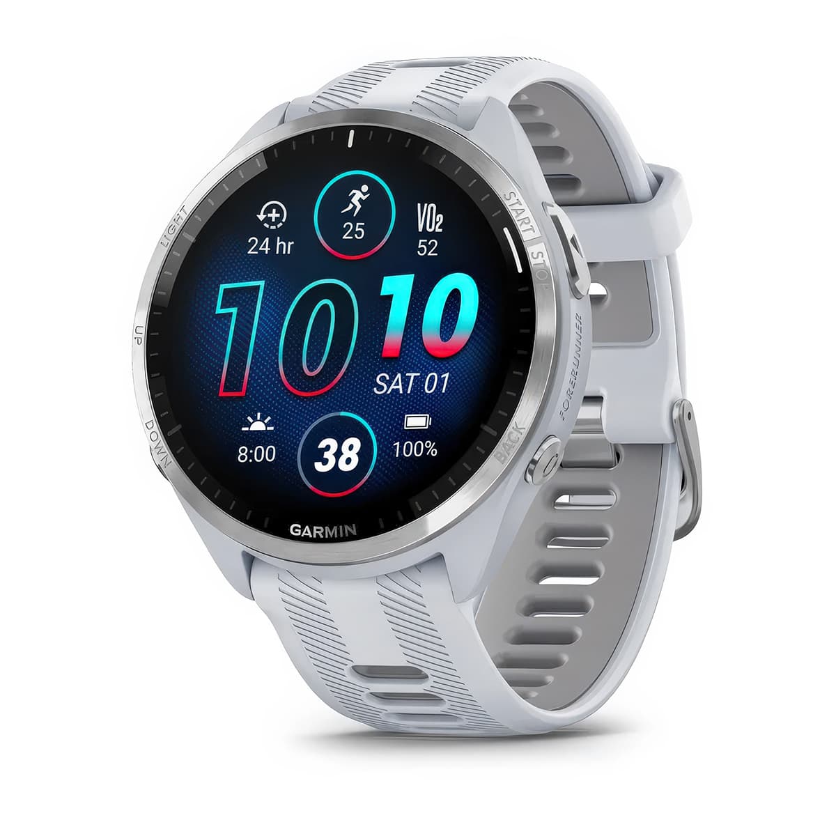 Front-left product shot of the Garmin Forerunner 965 showing Glances feature in Whitestone-Powder Grey