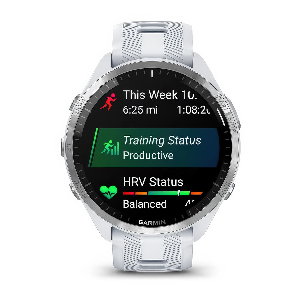 Front product shot of the Garmin Forerunner 965 showing Training Status feature in Whitestone-Powder Grey