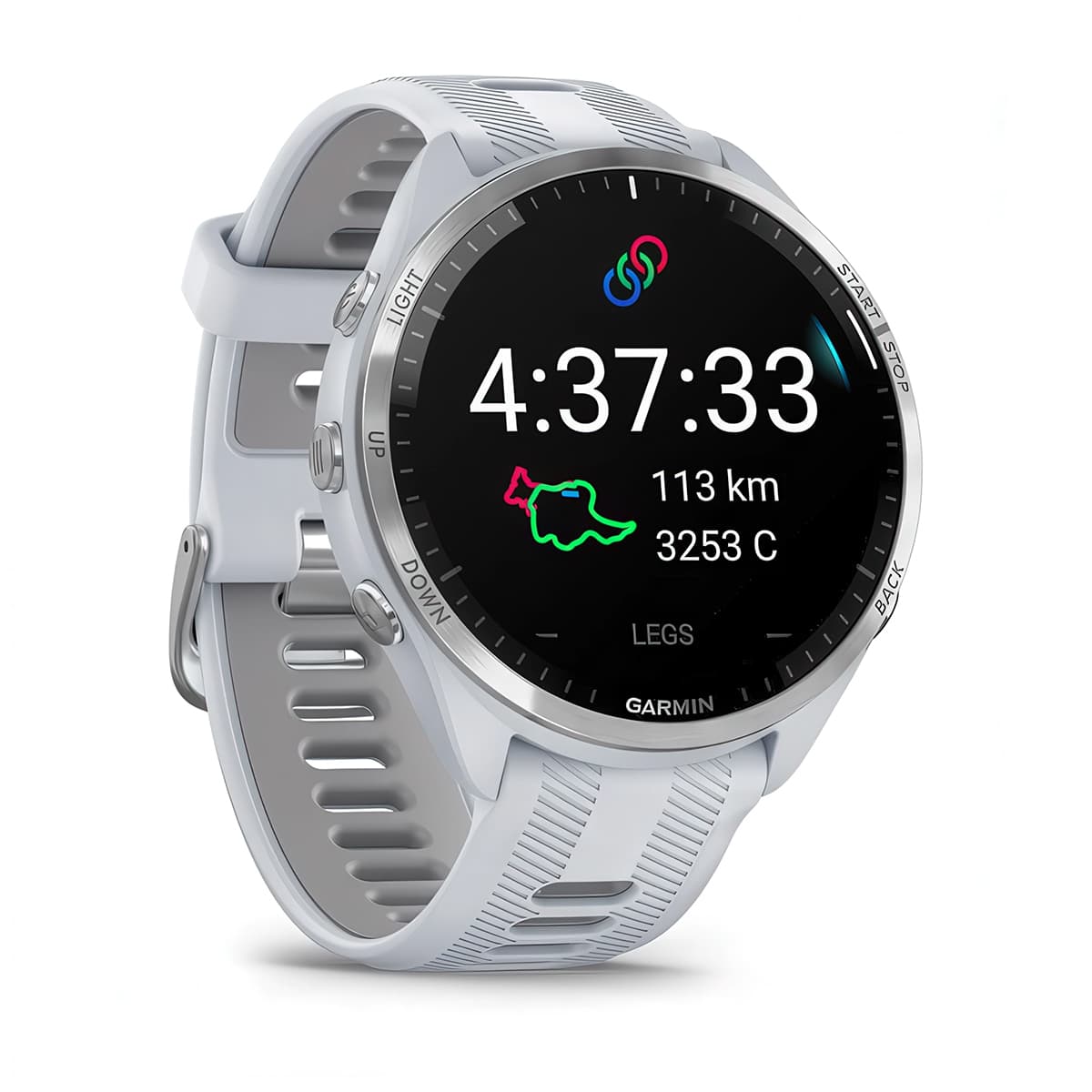 Front-right product shot of the Garmin Forerunner 965 showing Triathlon and Multisport Profiles feature in Whitestone-Powder Grey