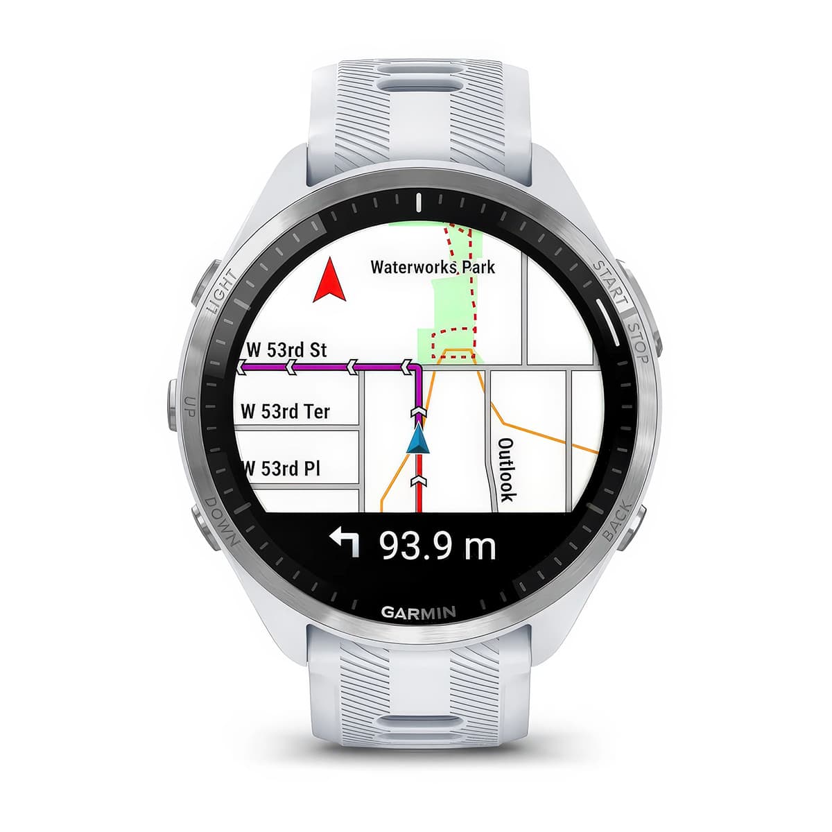 Front product shot of the Garmin Forerunner 965 showing Turn-by-Turn Navigation feature in Whitestone-Powder Grey