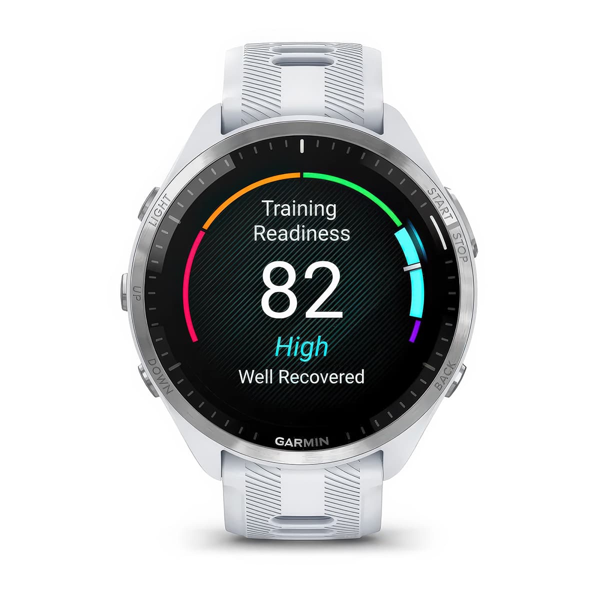 Front product shot of the Garmin Forerunner 965 showing Training Readiness feature in Whitestone-Powder Grey