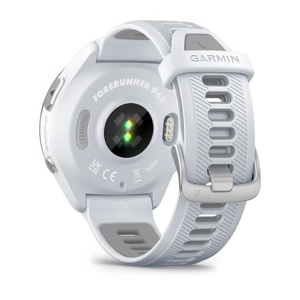 Rear product shot of the Garmin Forerunner 965 showing back sensor in Whitestone-Powder Grey