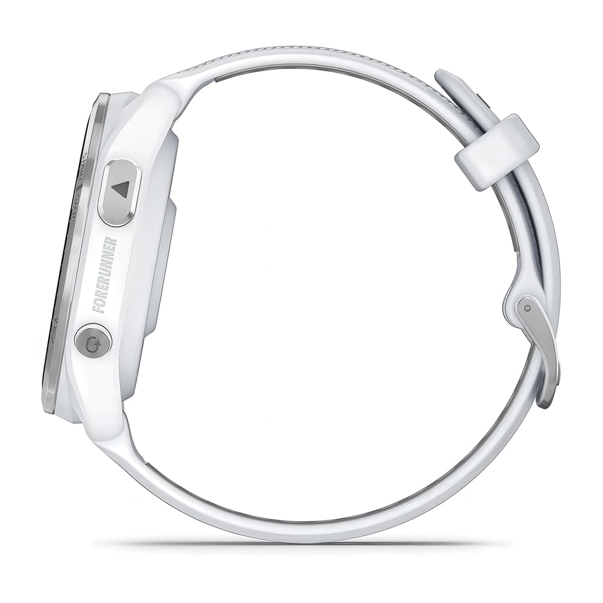 Left-side product shot of the Garmin Forerunner 965 in Whitestone-Powder Grey