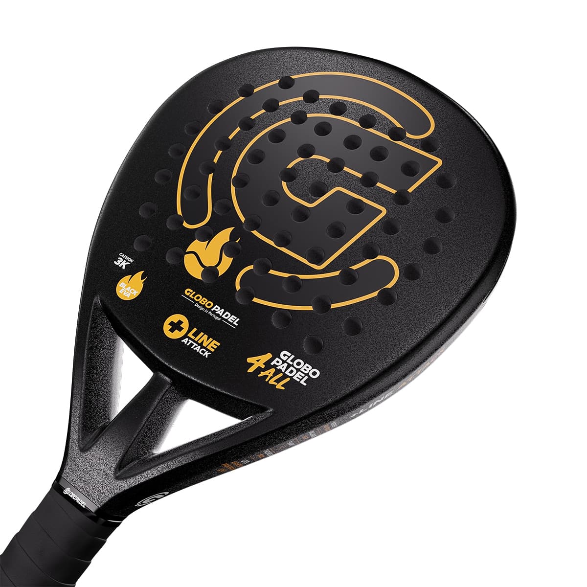45-degree close-up front view of the Globo Padel Line Attack padel racket