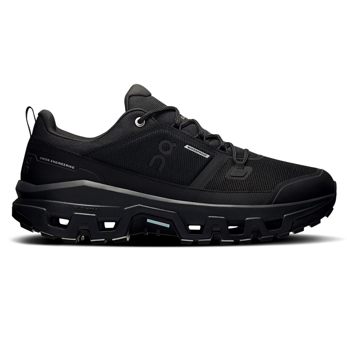 Right side view of the On Cloudrock Low Black Black men’s running shoe #color_black-black