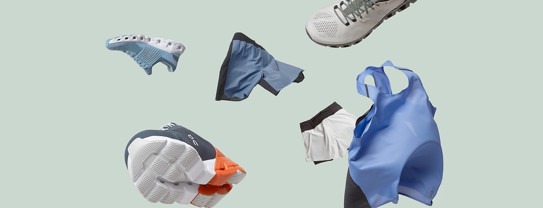 Collection of On apparel and shoes on a light green background