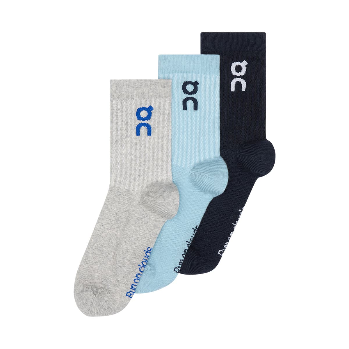 Product shot of the On Logo Sock 3 Pack Colour Wash Navy