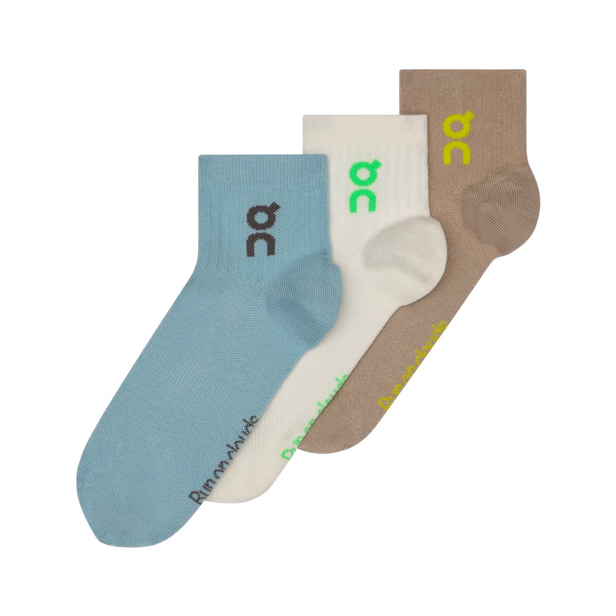 Flat lay of the On Logo Sock Mid 3-Pack in Desert Wash showing all three color variations