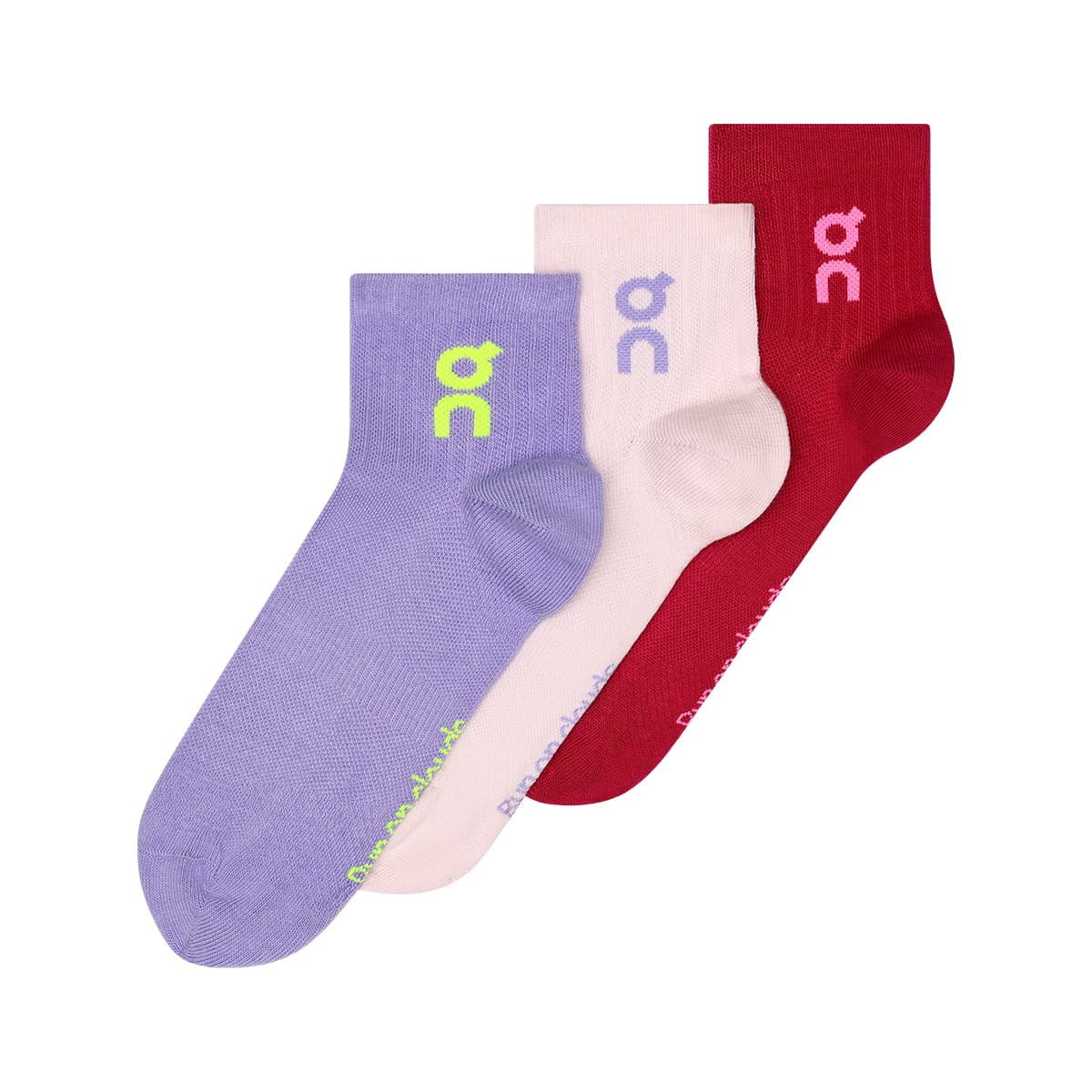 Flat lay of the On Logo Sock Mid 3-Pack in Orchid Comet showing all three color variations