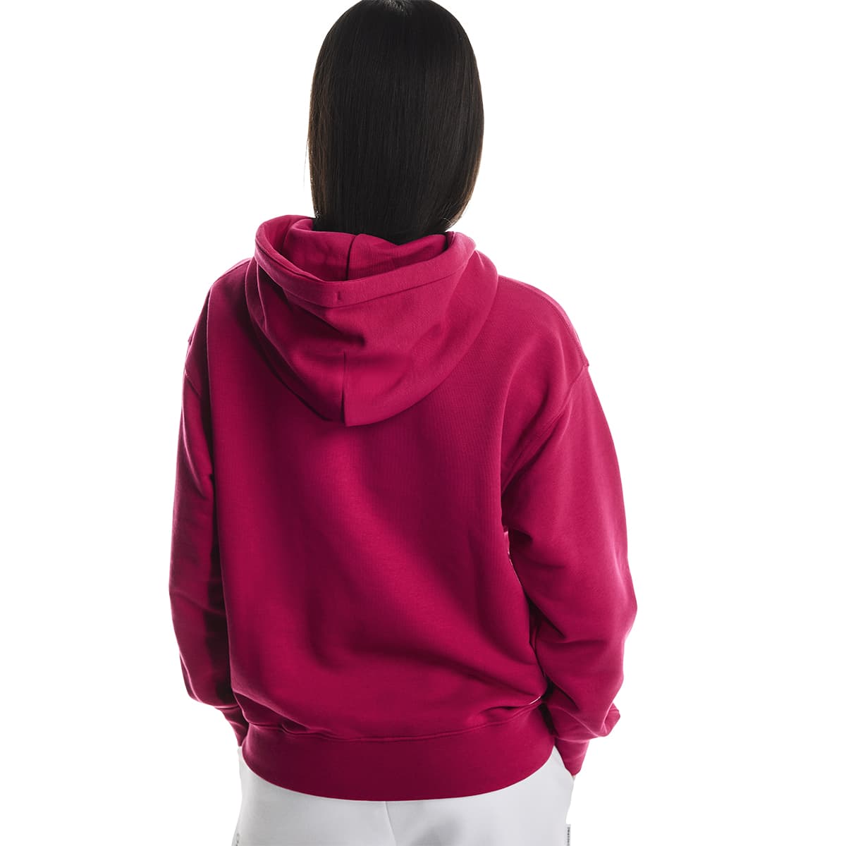Female model wearing the On Apparel - Club Hoodie Colour Grenadine, turned away