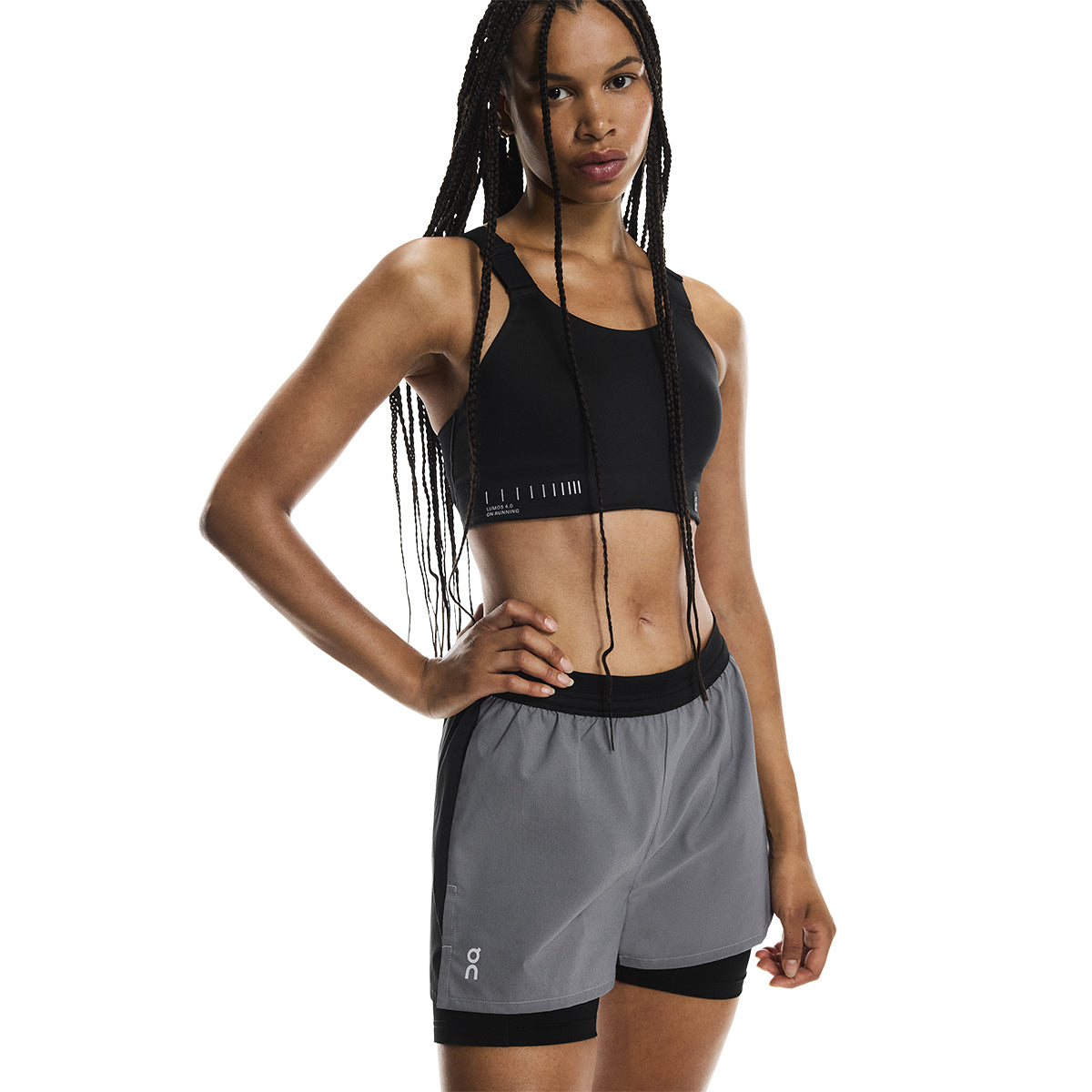 Close-up front view of the On Performance Shorts Lumos in Black showing waistband and drawstring
