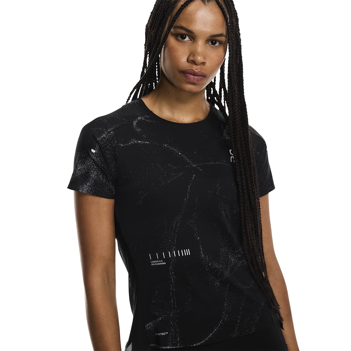 Close-up of female model wearing the On Apparel - Performance T Lumos Colour Black