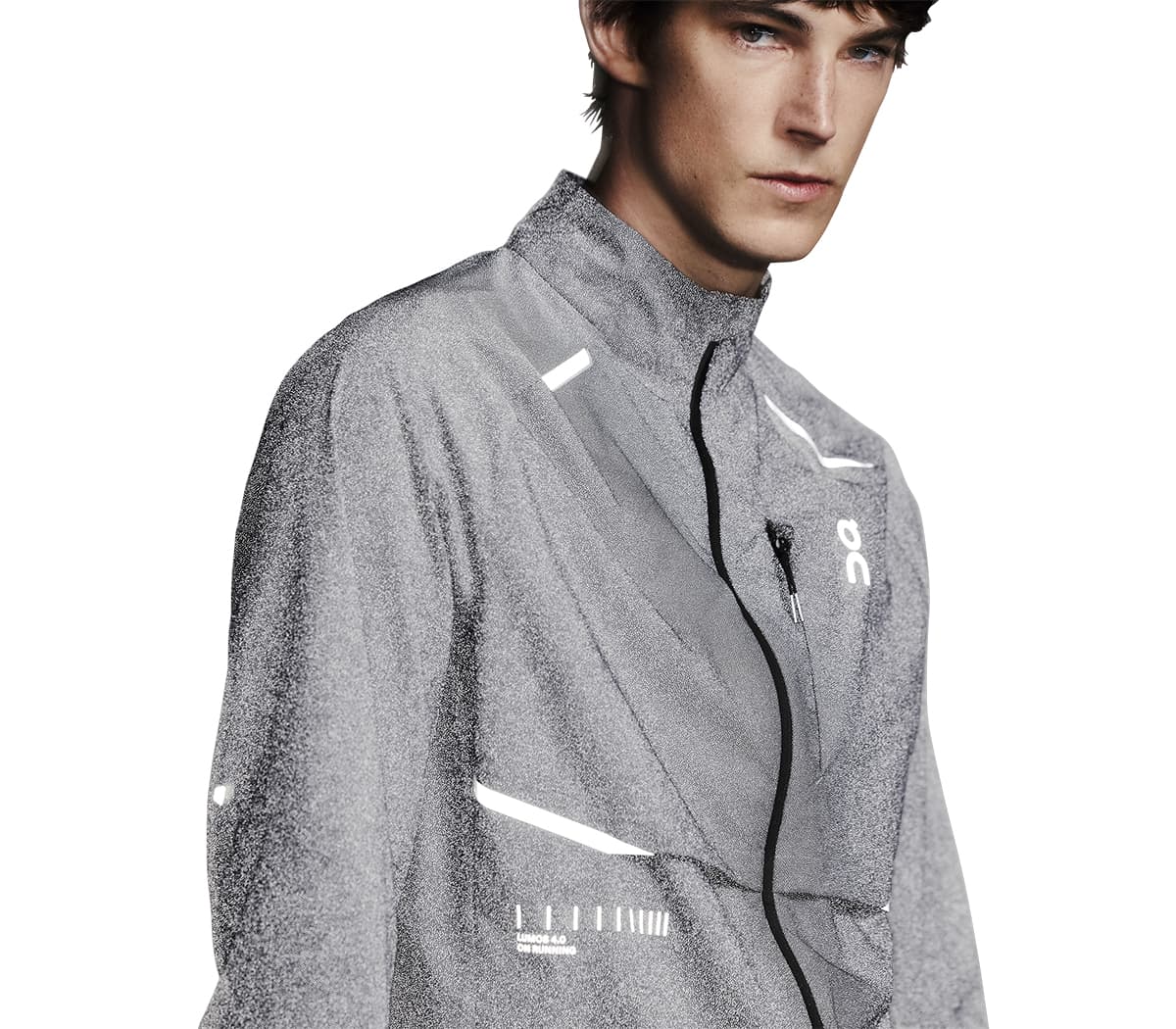 45 degree view of a male model wearing the On Weather Jacket Lumos Colour Eclipse