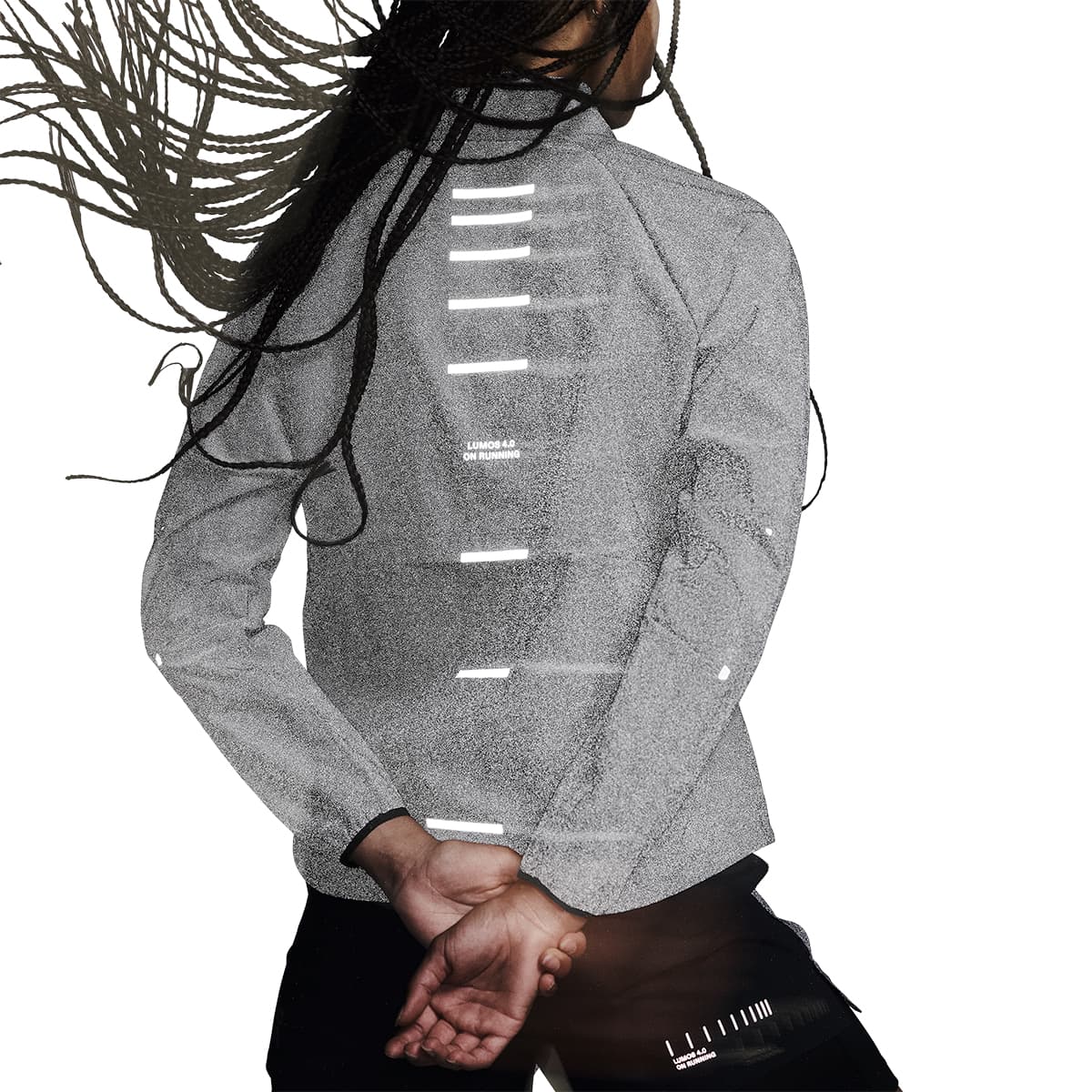 Rear view highlighting reflective detail of the On Weather Jacket Lumos Colour Eclipse