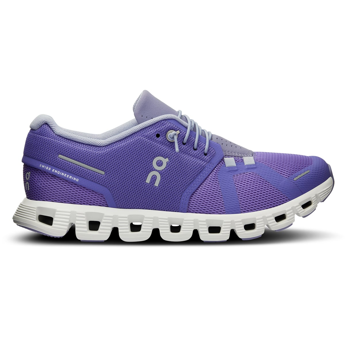 Right side view of the On Cloud 5 Blueberry Feather women's running shoe