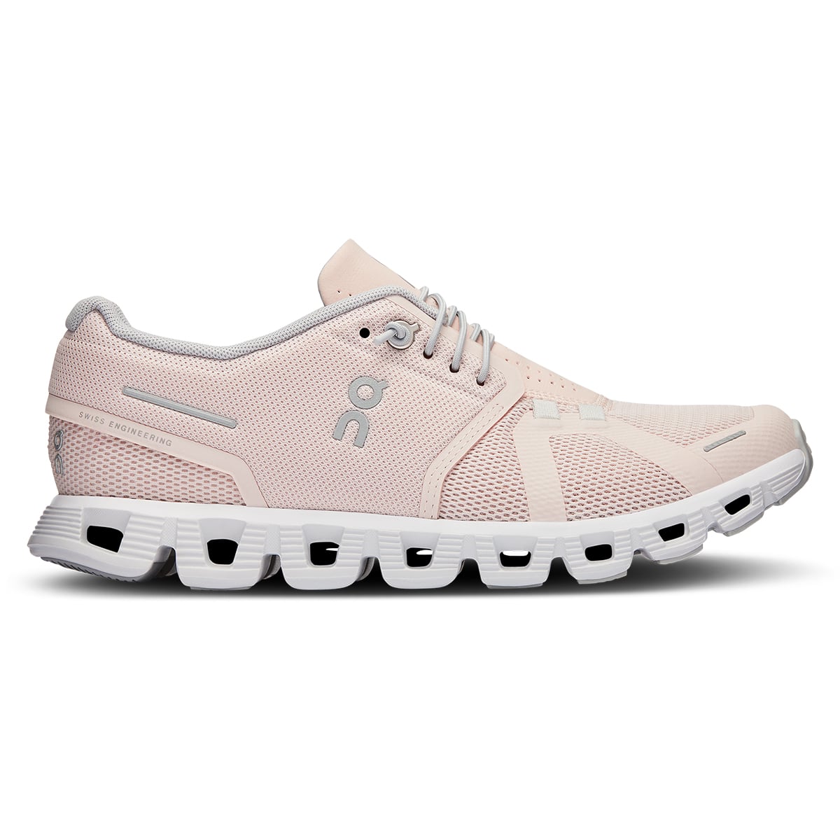 Right side view of the On Cloud 5 Shell White women's running shoe
