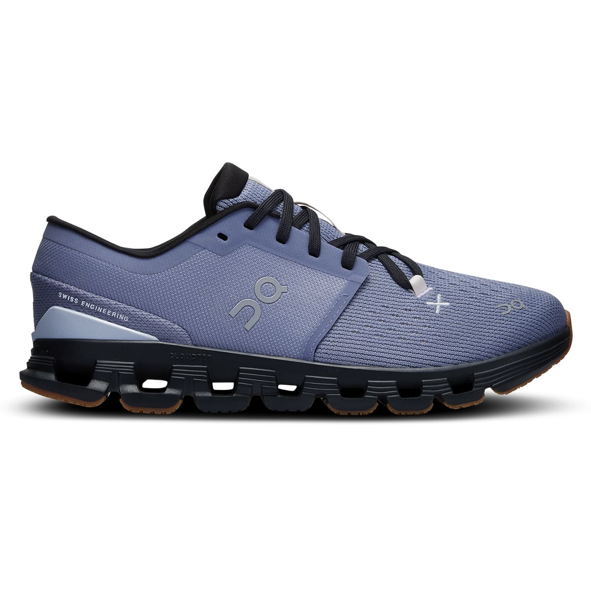 Right side view of the On Cloud X 4 Feather-Black women’s running shoe