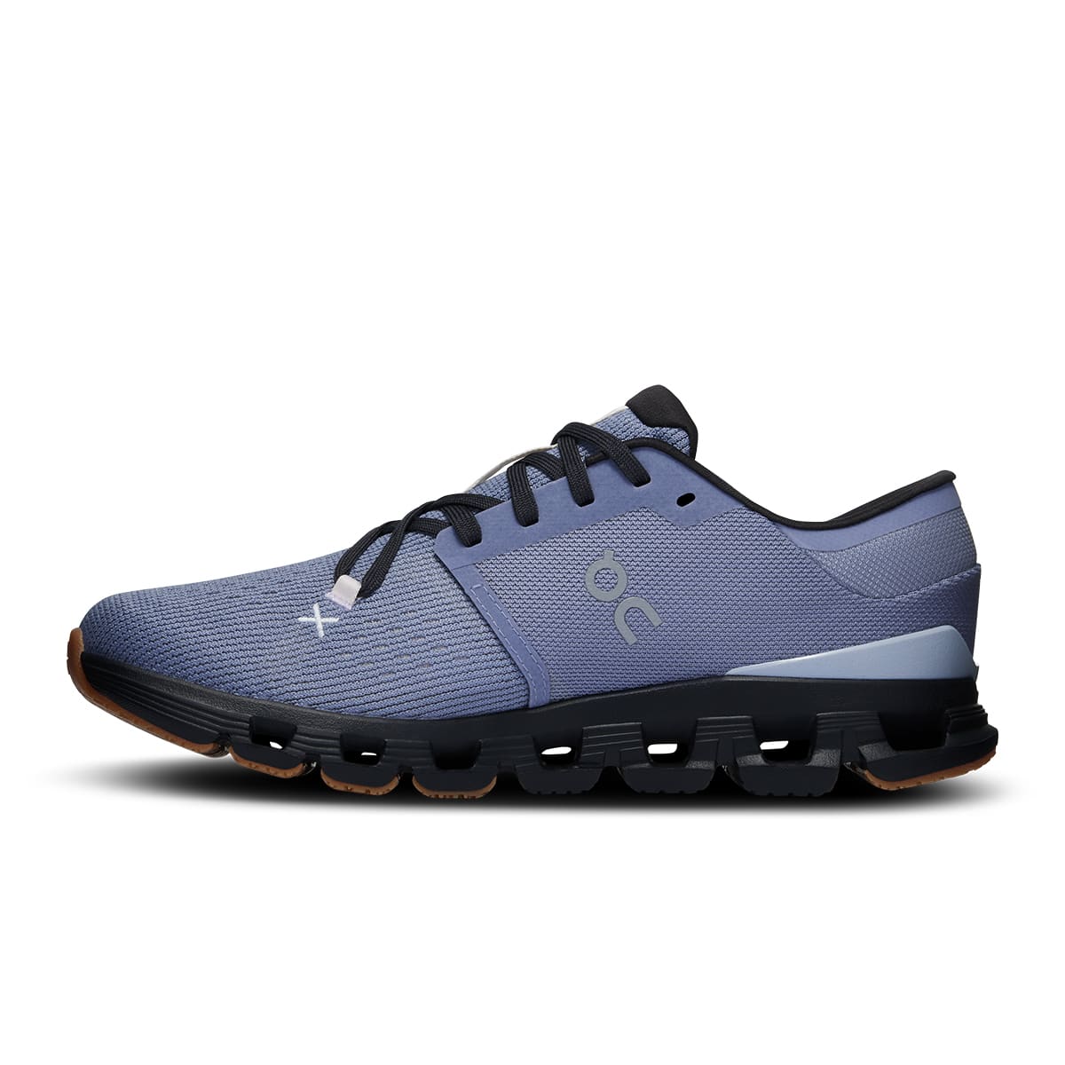 Left side view of the On Cloud X 4 Feather-Black women’s running shoe