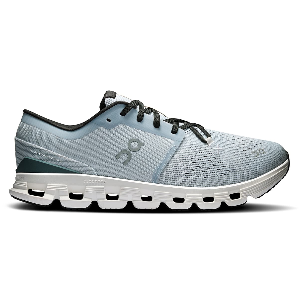 Right side view of the On Cloud X4 Glacier-Stone men’s running shoe