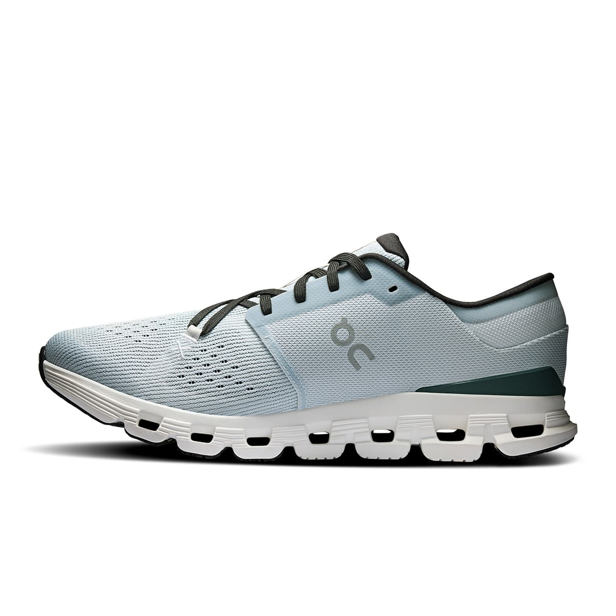 Left side view of the On Cloud X4 Glacier-Stone men’s running shoe