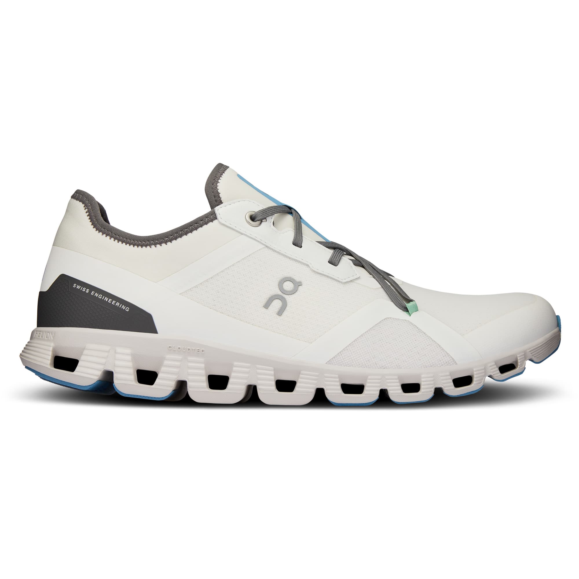 Right side view of the On Cloud X 3 AD Undyed-White-Niagara men’s running shoe #color_undyed-white-niagara