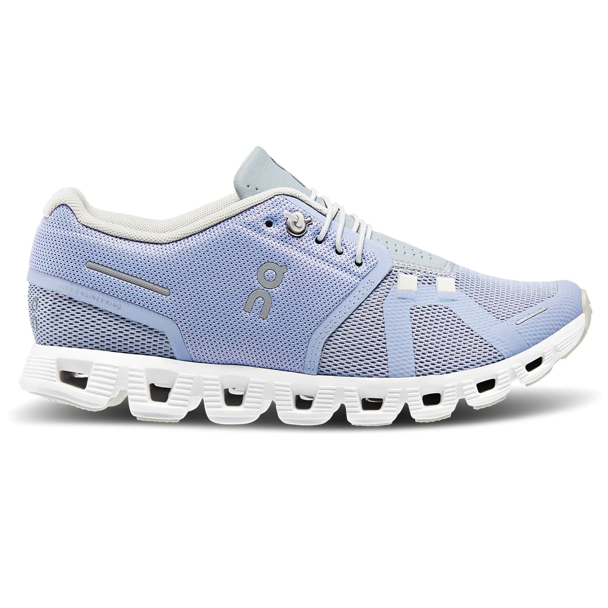Right side view of the On Cloud 5 Nimbus Alloy women's running shoe