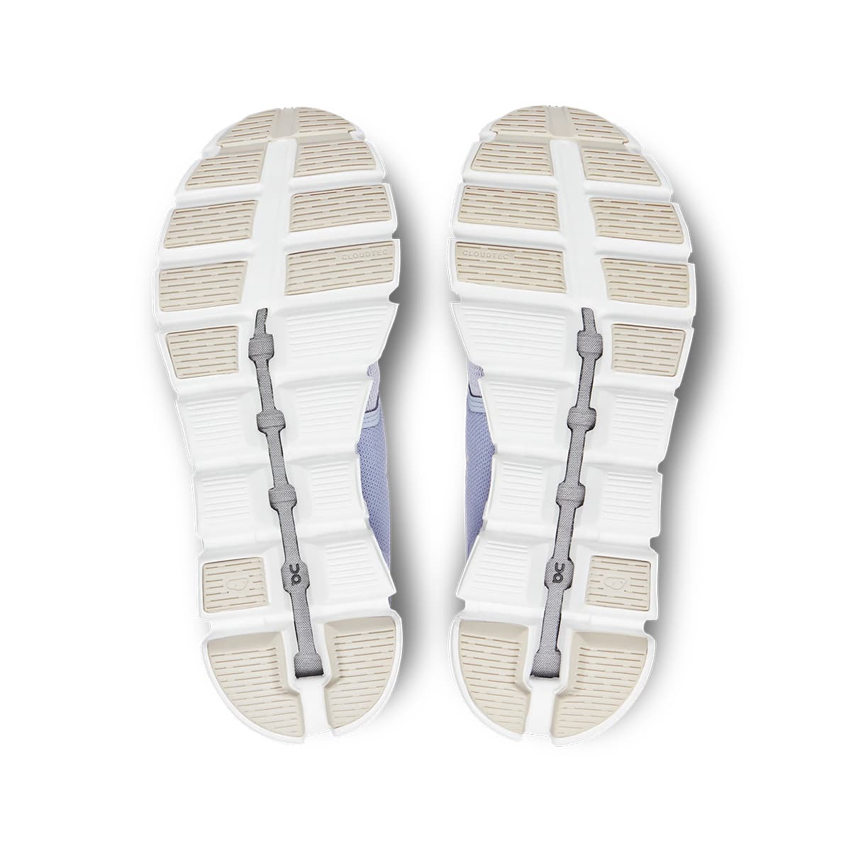 Soles of the On Cloud 5 Nimbus Alloy women's running shoes