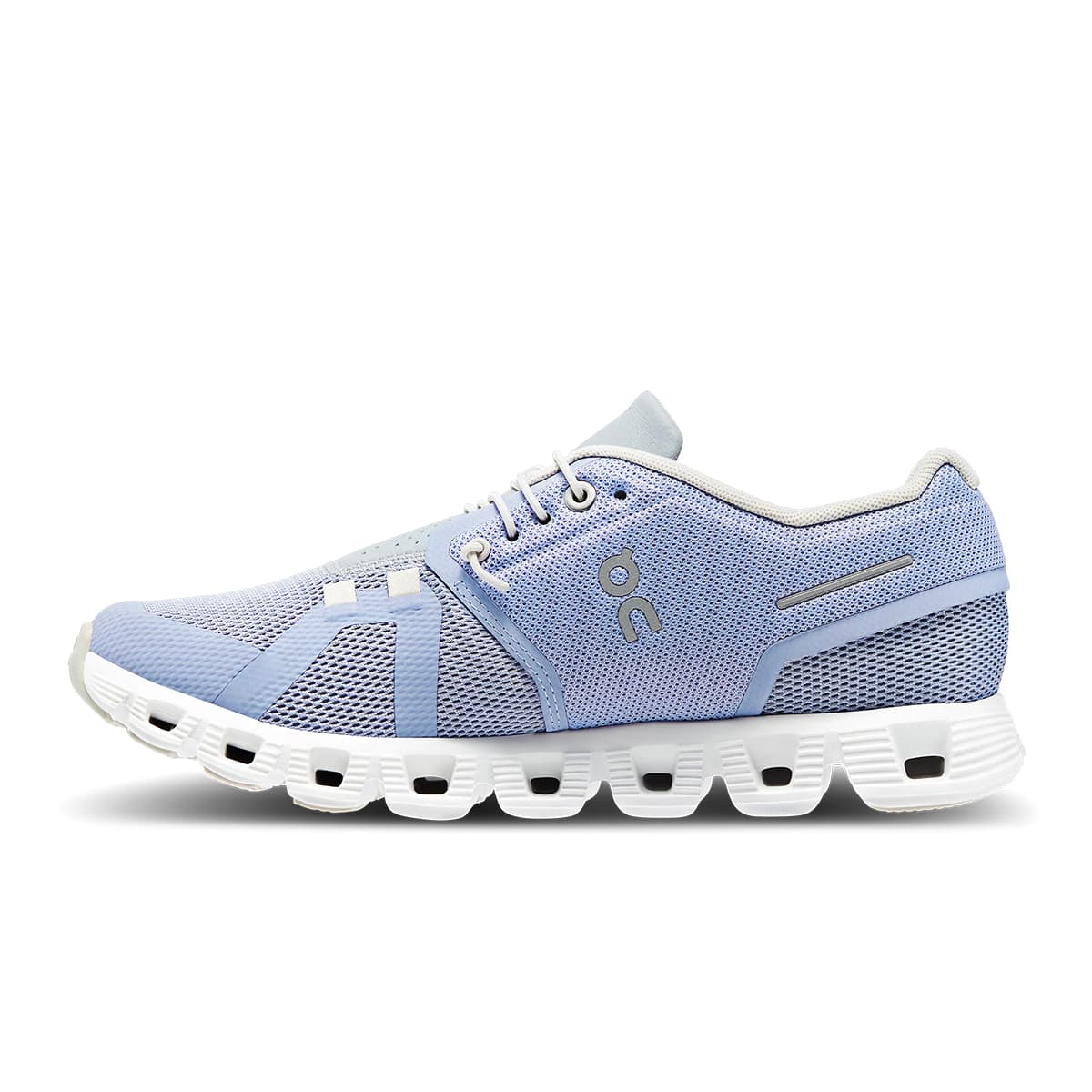 Left side view of the On Cloud 5 Nimbus Alloy women's running shoe
