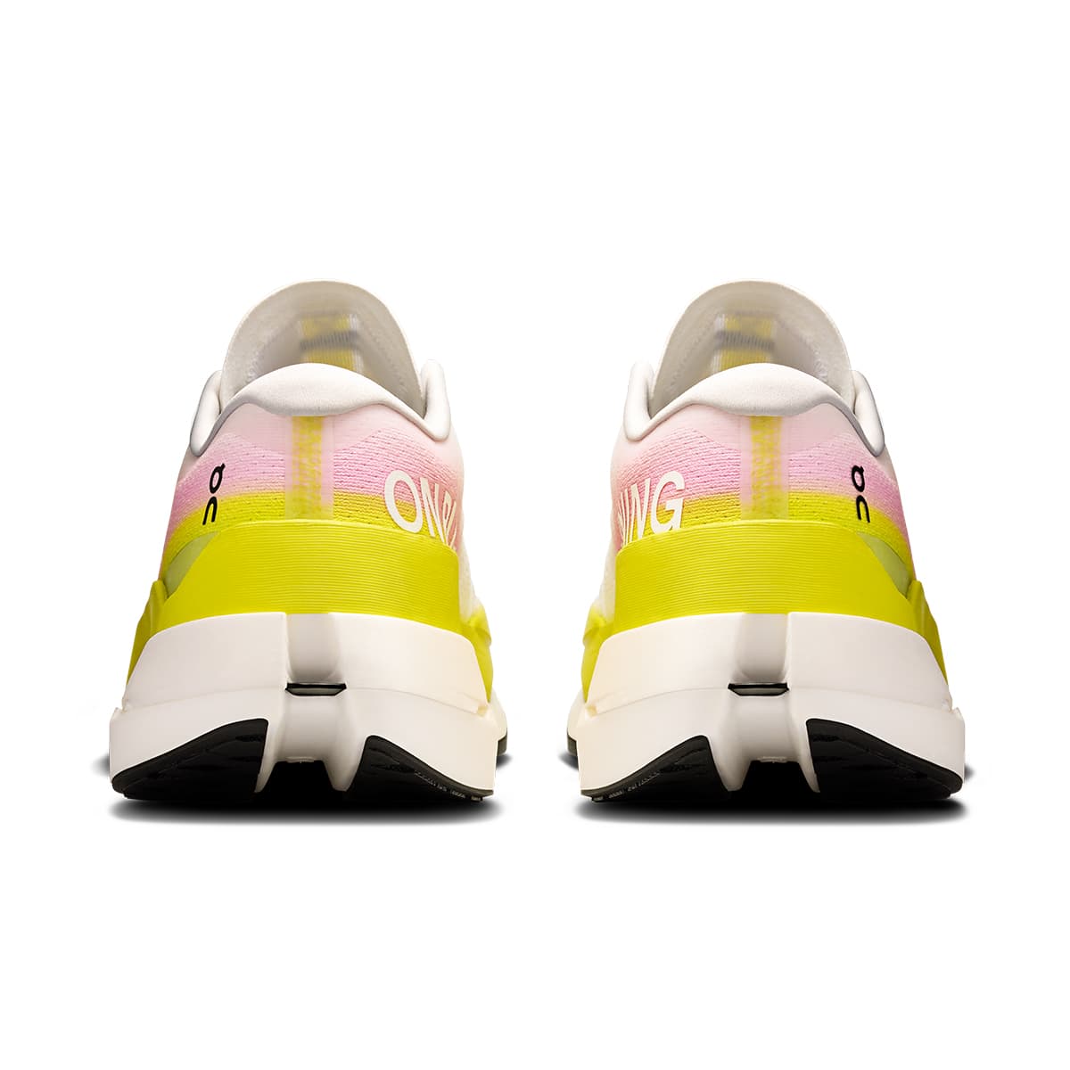 Back view of the On Cloudboom Max Lime-Raspberry men’s running shoe