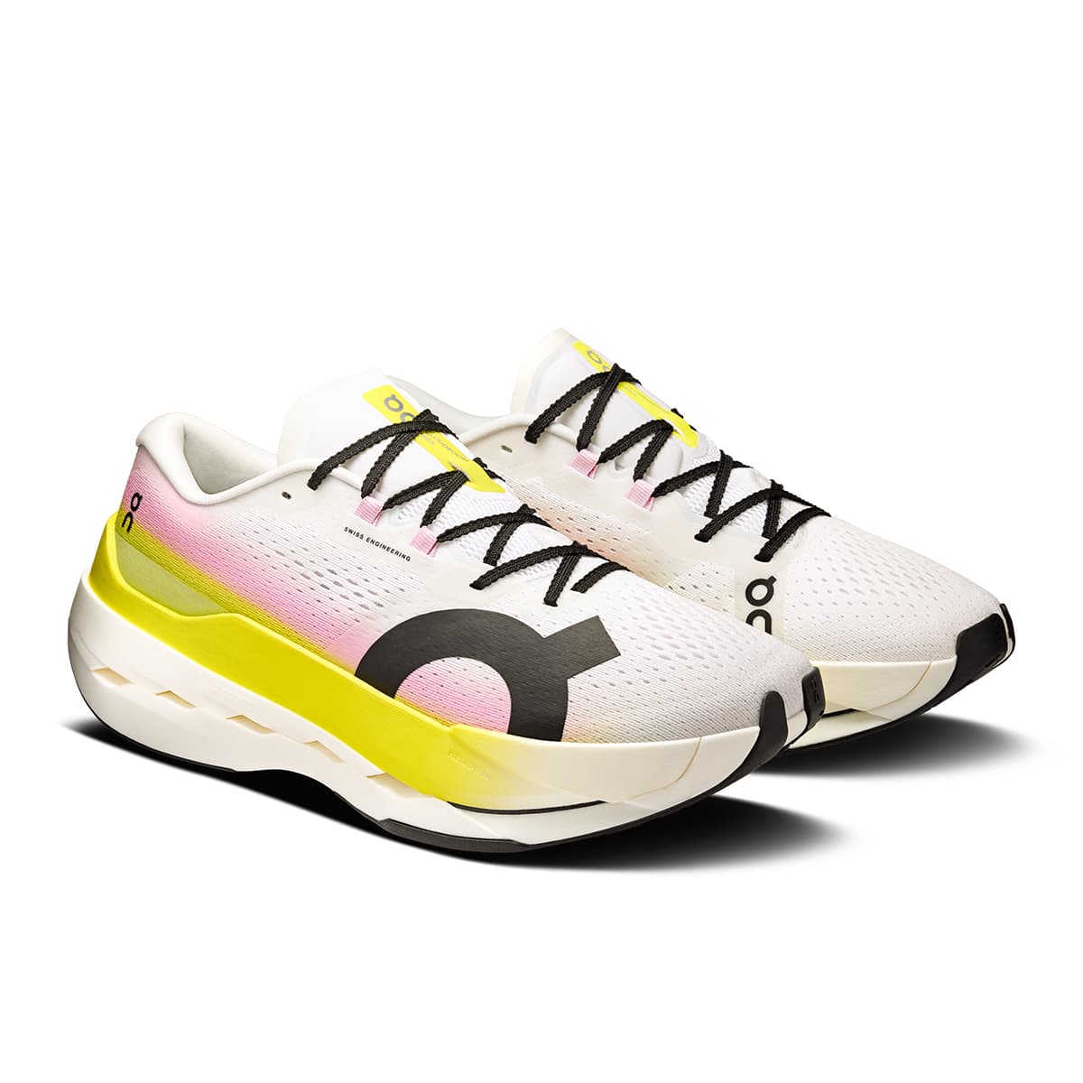 45-degree view of the On Cloudboom Max Lime-Raspberry men’s running shoe