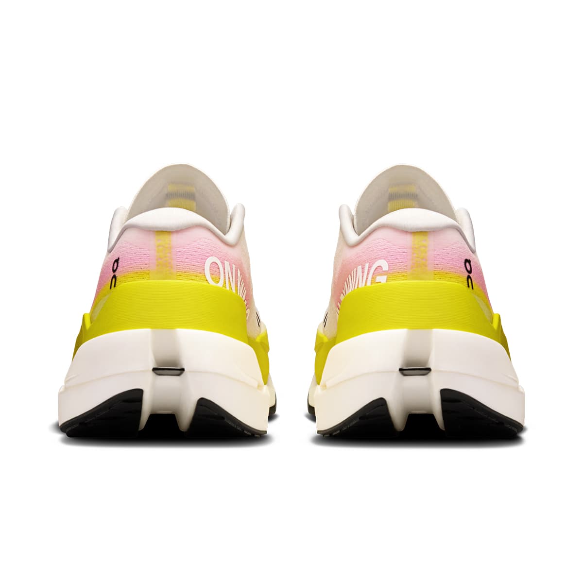 Back view of the On Cloudboom Max Lime-Raspberry women’s running shoe