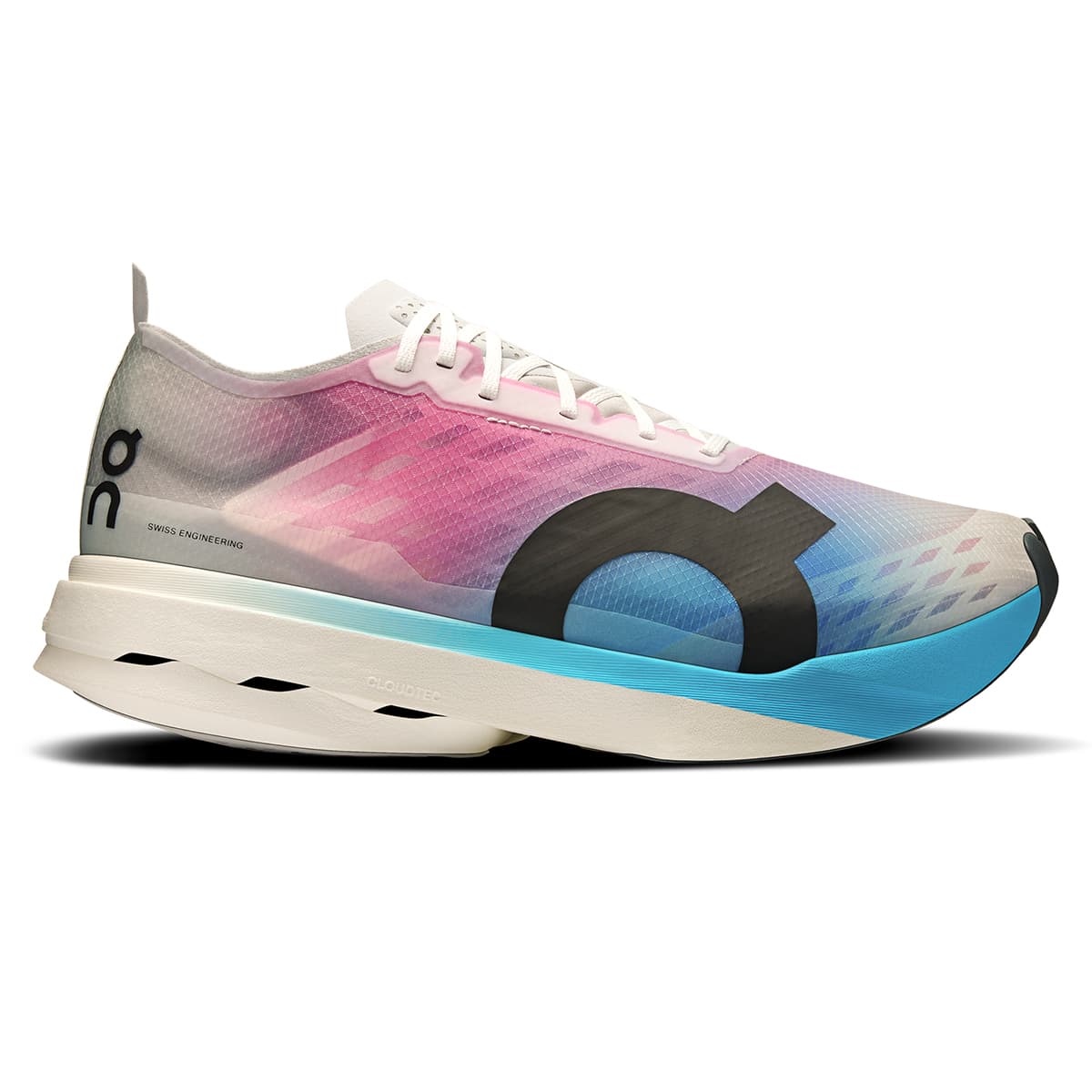 Right side view of the On Cloudboom Strike White-Horizon men’s running shoe