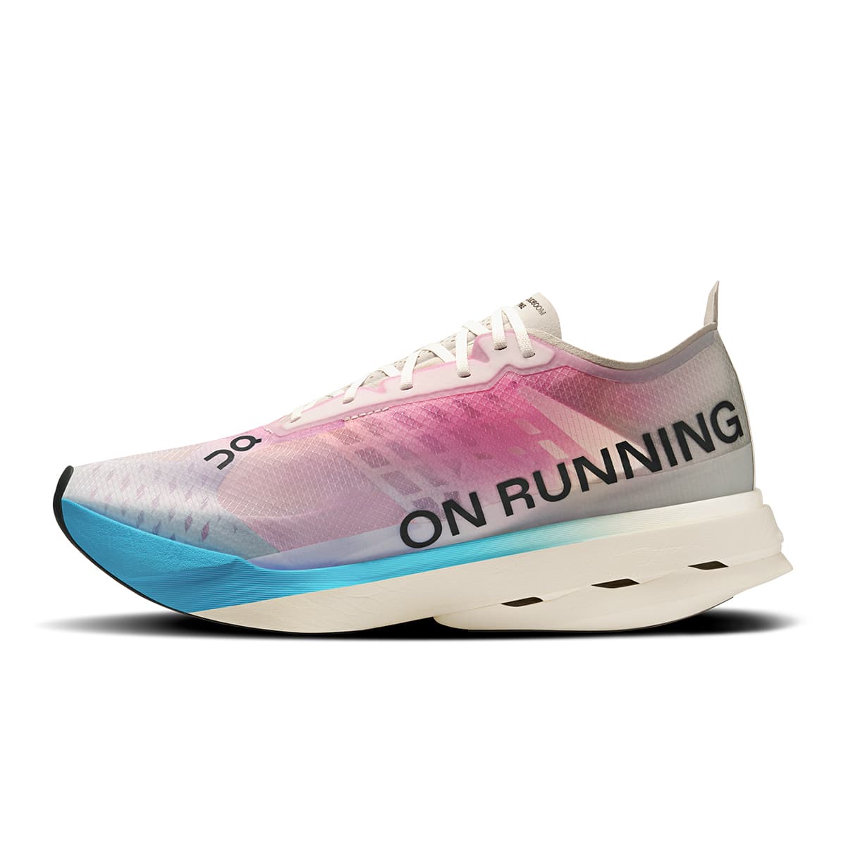 Left side view of the On Cloudboom Strike White-Horizon men’s running shoe