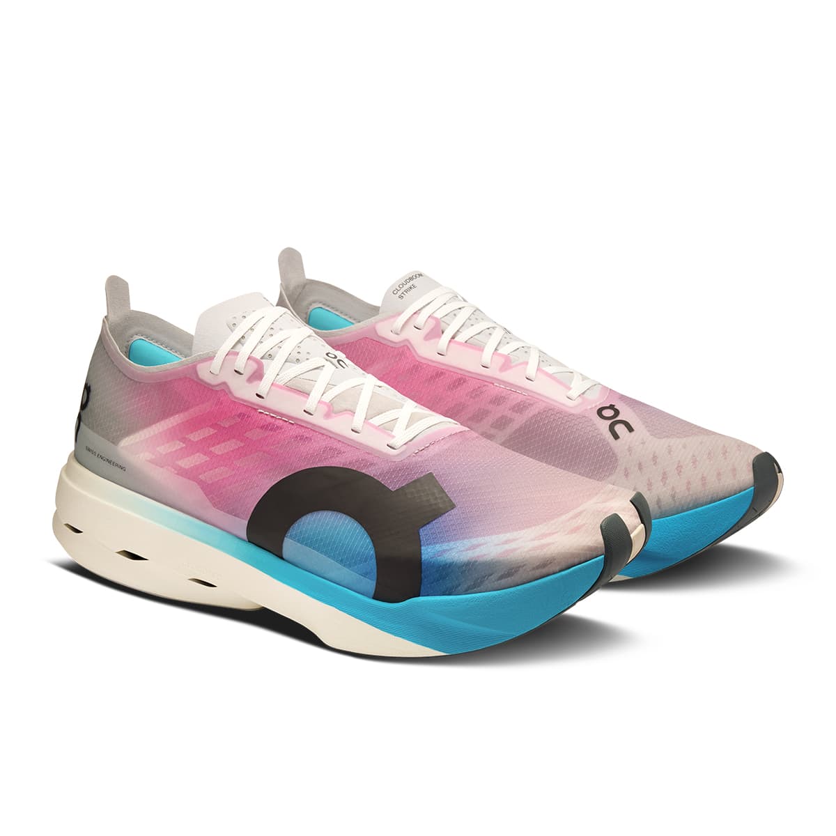 45-degree view of the On Cloudboom Strike White-Horizon men’s running shoe