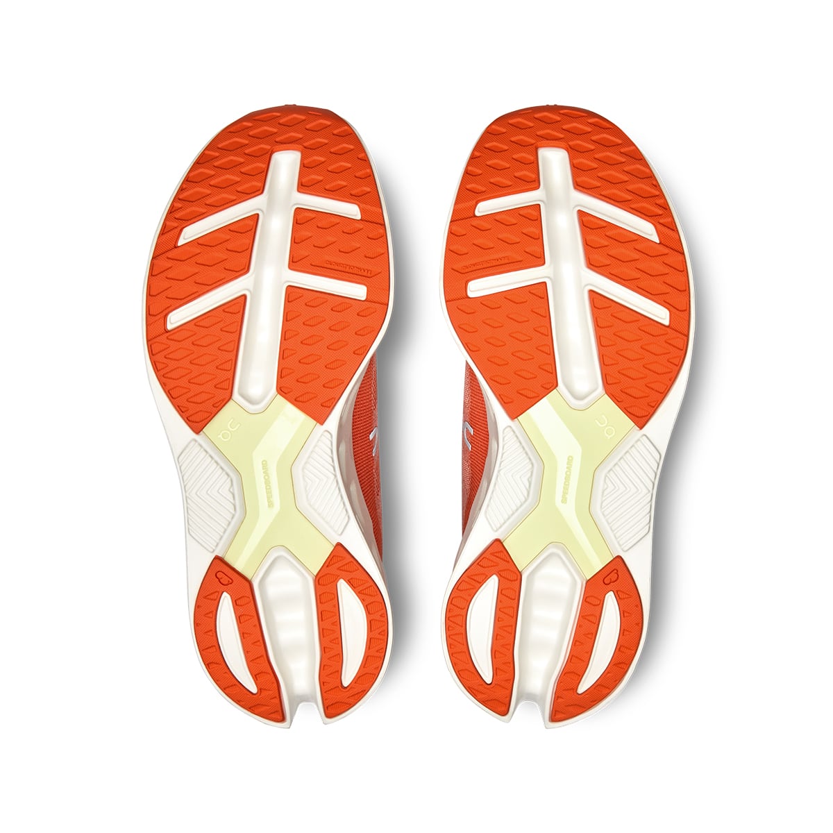 Soles of the On Cloudeclipse Flame-Ivory women’s running shoes