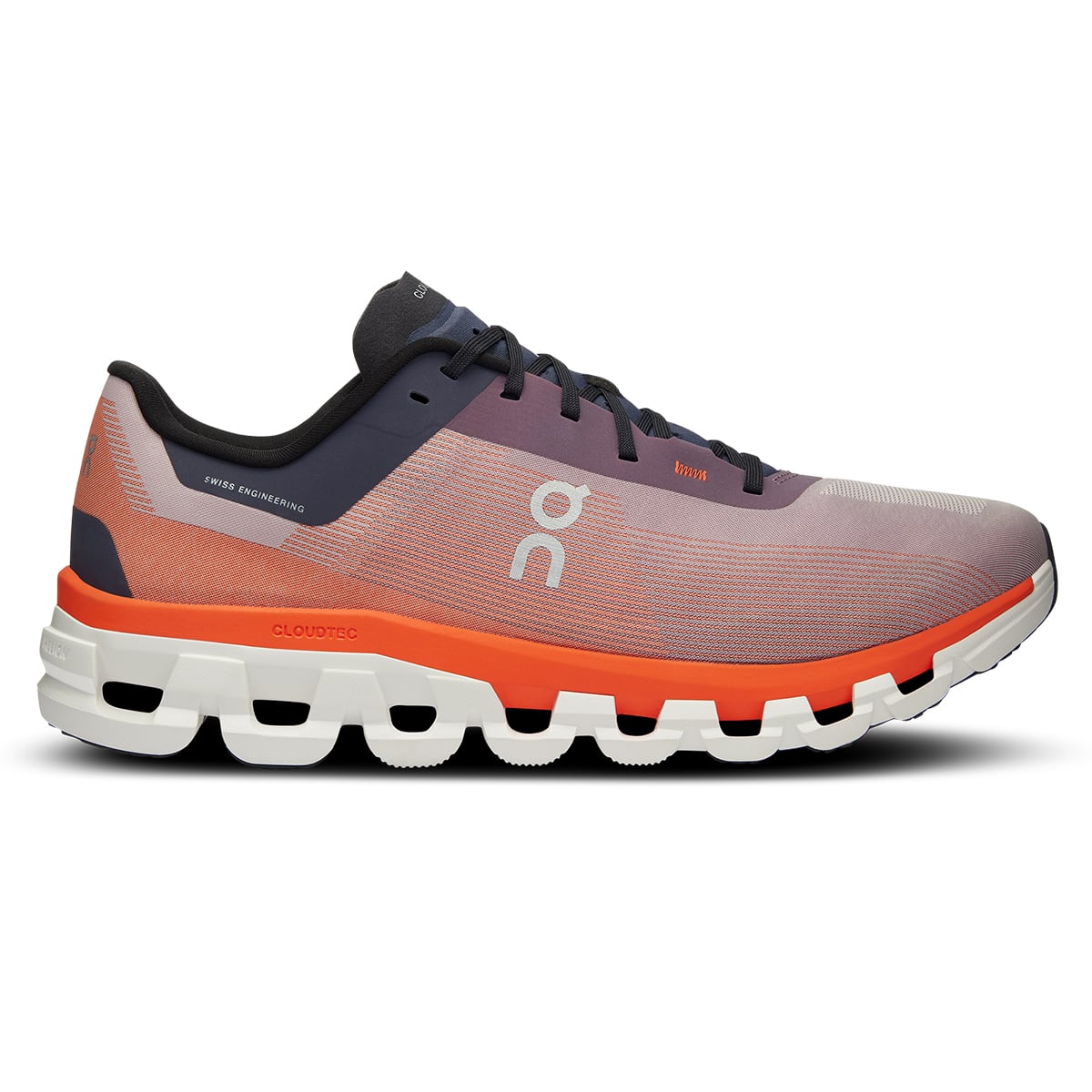 Right side view of the On Cloudflow 4 Quartz-Flame men’s running shoe