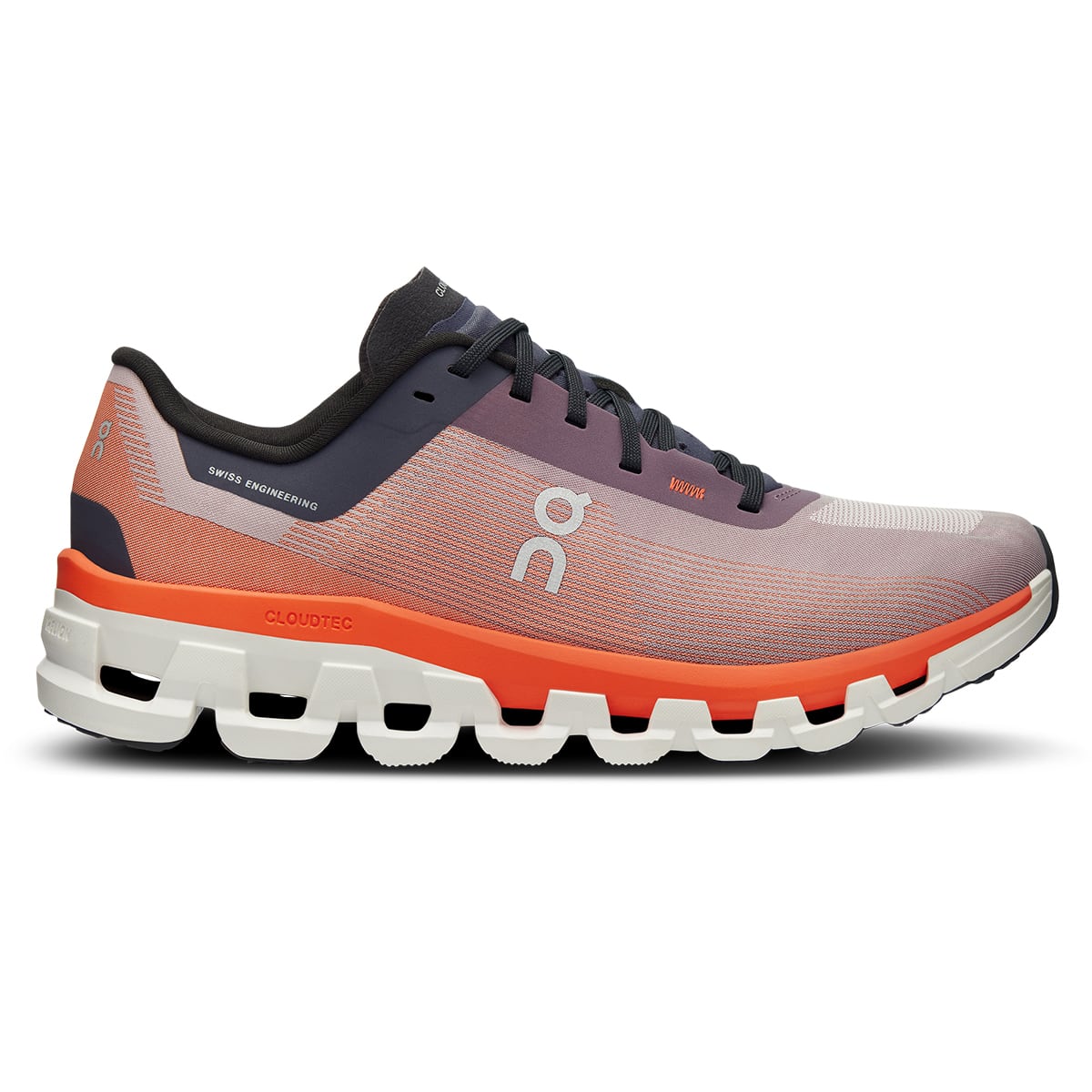 Right side view of the On Cloudflow 4 Quartz-Flame women’s running shoe