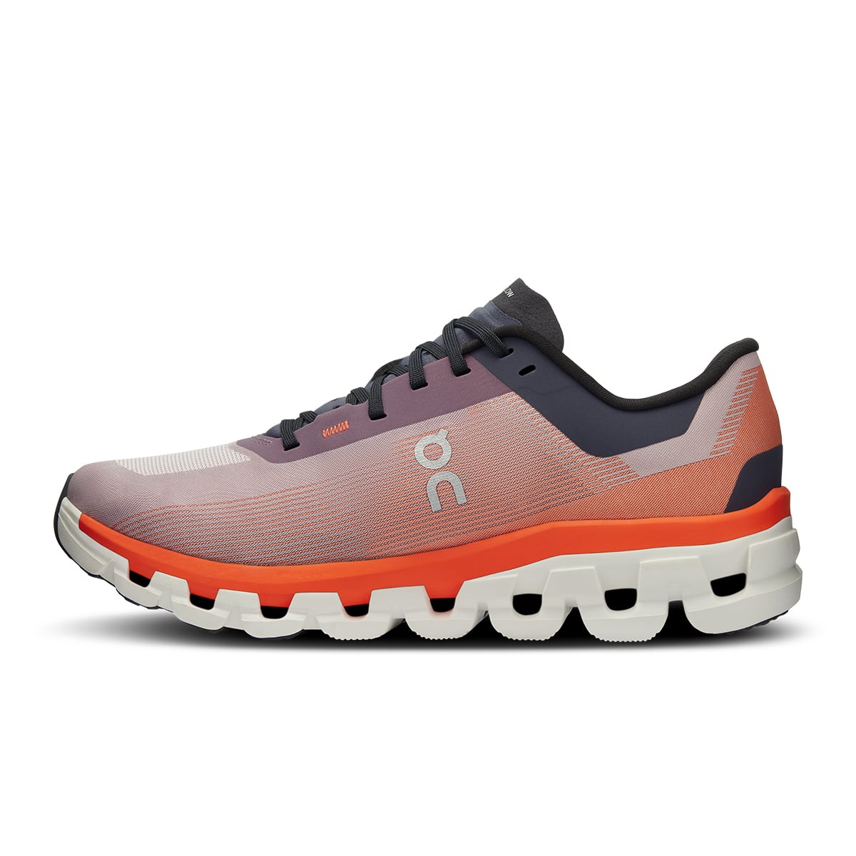 Left side view of the On Cloudflow 4 Quartz-Flame women’s running shoe