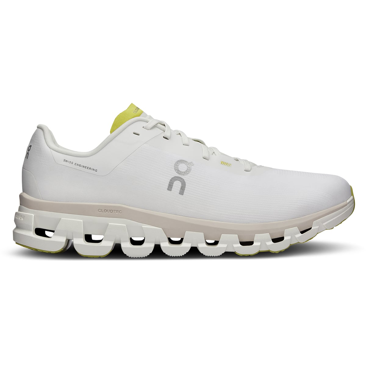 Right side view of the On Cloudflow 4 White-Sand men’s running shoe