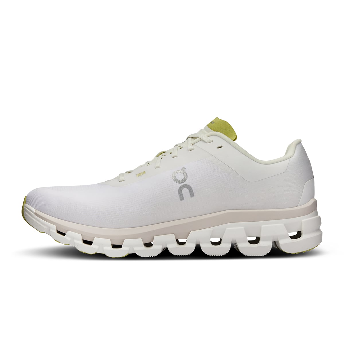 Left side view of the On Cloudflow 4 White-Sand men’s running shoe