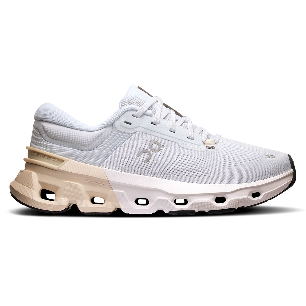 Right side view of the On Cloudflyer 5 Arctic-Cream women’s running shoe #color_arctic-cream