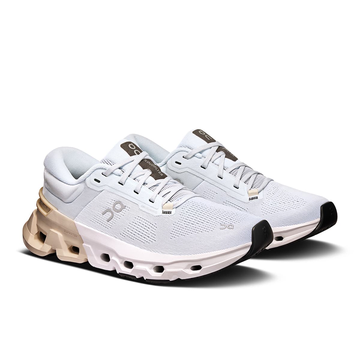 45-degree view of the On Cloudflyer 5 Arctic-Cream women’s running shoe