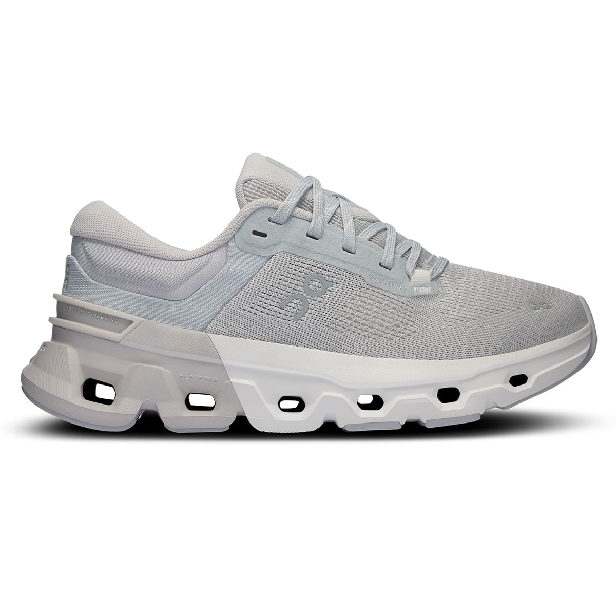 Right side view of the On Cloudflyer 5 Glacier-Wolf women’s running shoe