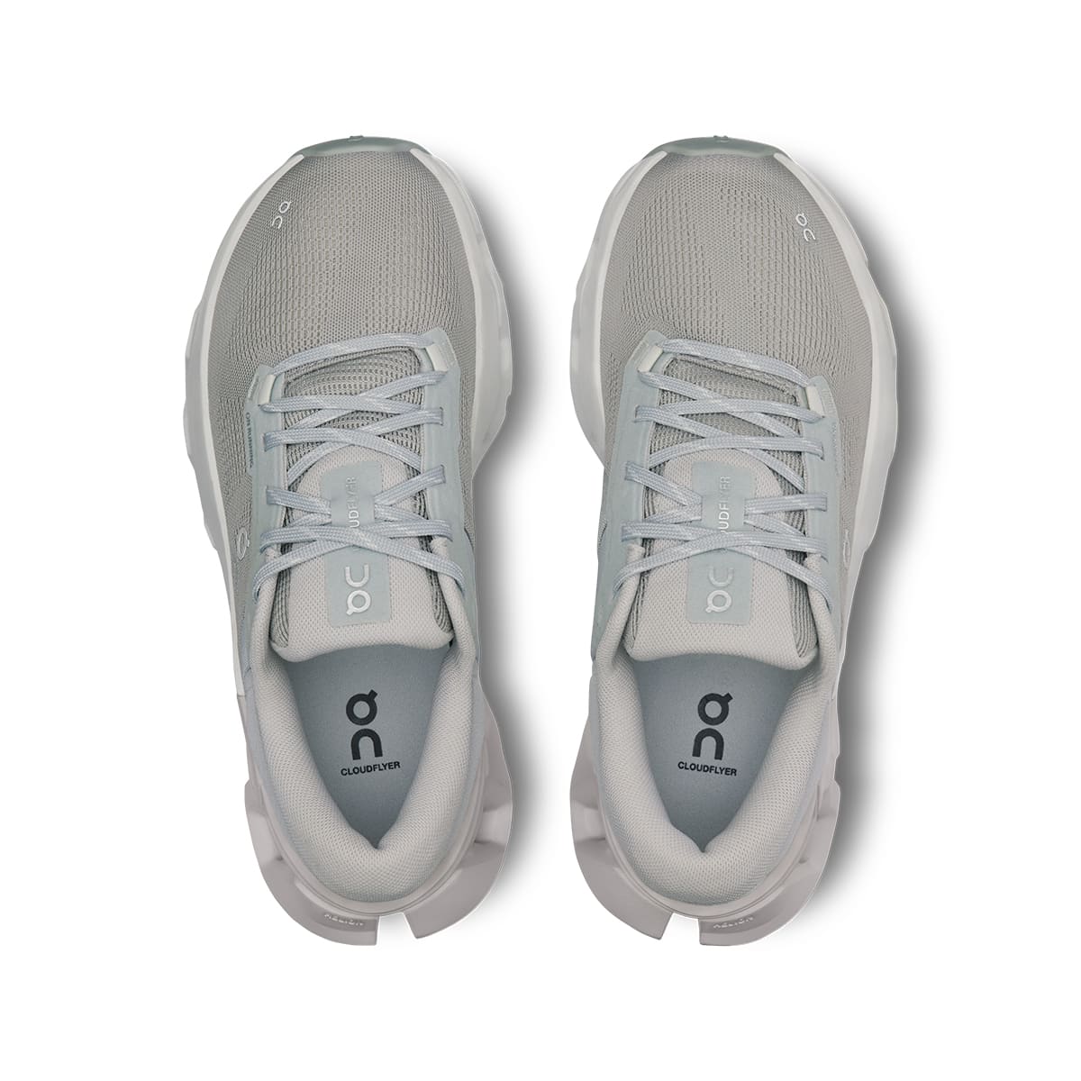 Top view of the On Cloudflyer 5 Glacier-Wolf women’s running shoes