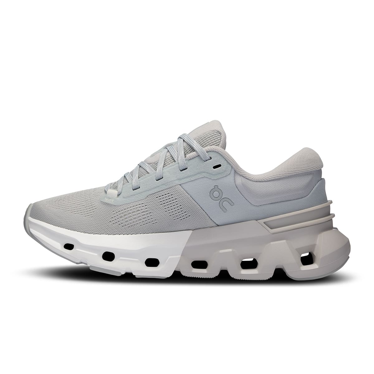 Left side view of the On Cloudflyer 5 Glacier-Wolf women’s running shoe
