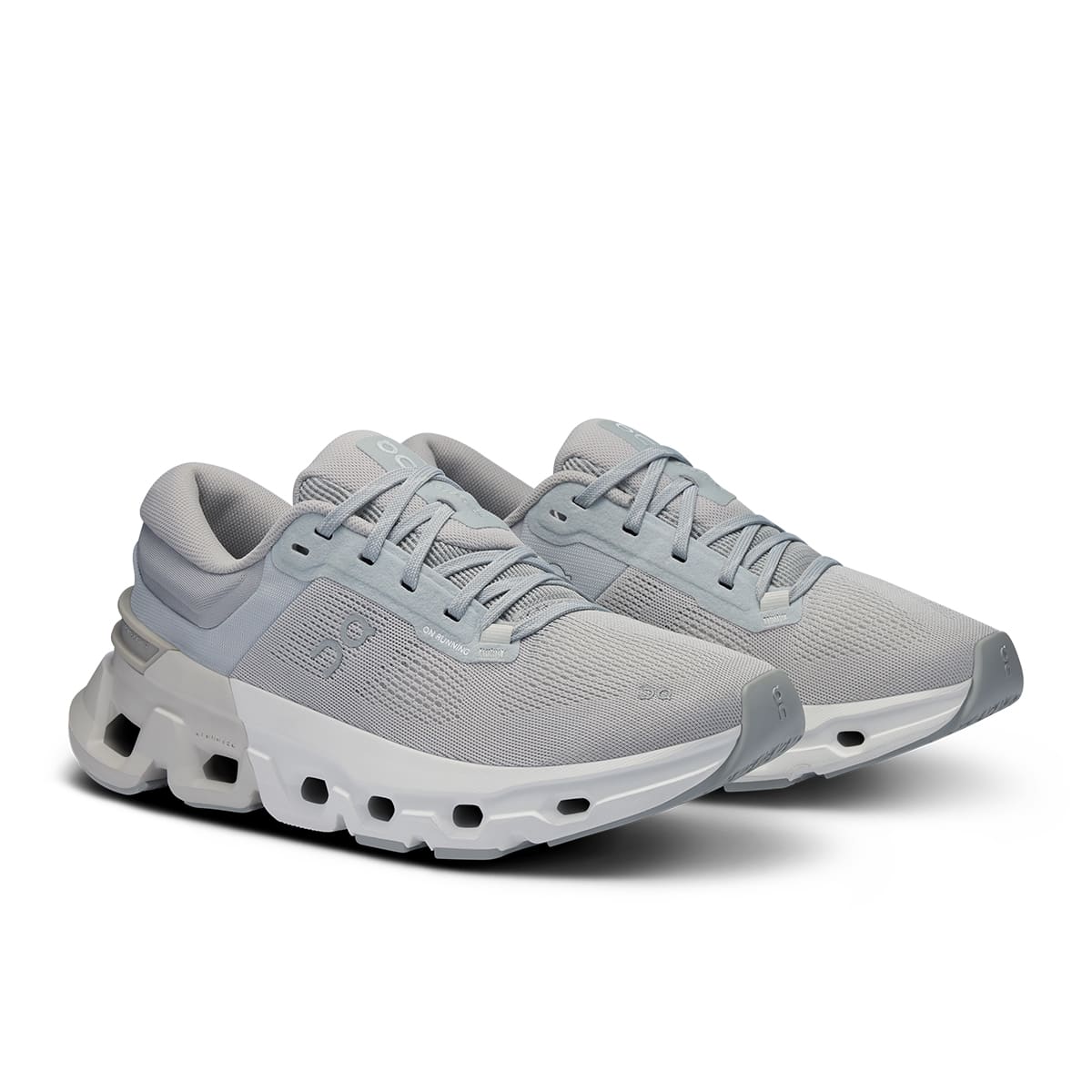 45-degree view of the On Cloudflyer 5 Glacier-Wolf women’s running shoe
