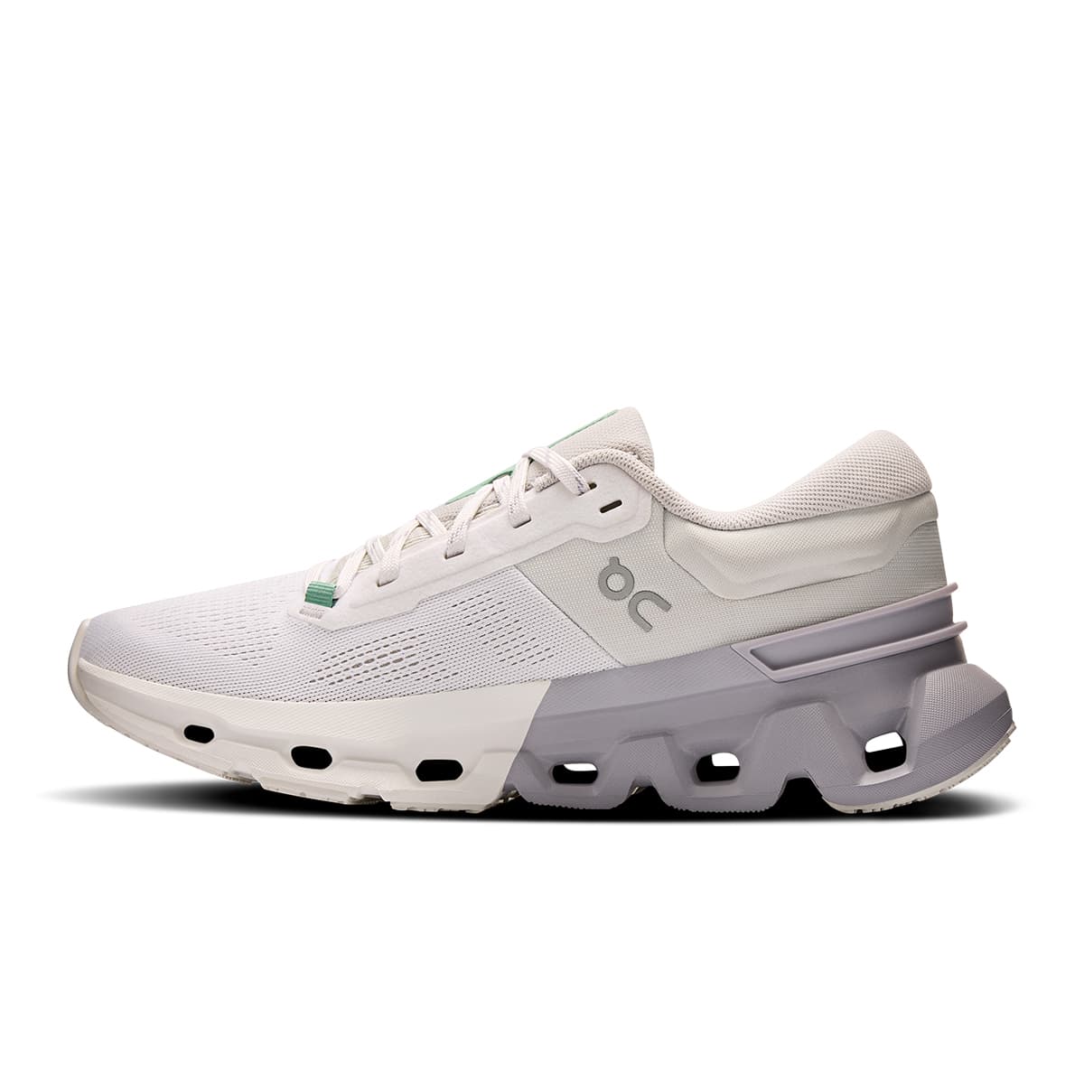 Left side view of the On Cloudflyer 5 White-Lilac women’s running shoe #color_white-lilac
